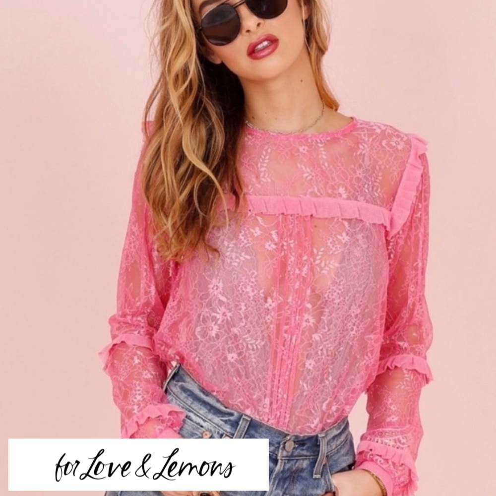 For Love & Lemons Pink Sheer Lace Ruffle Long-Sleeve Top